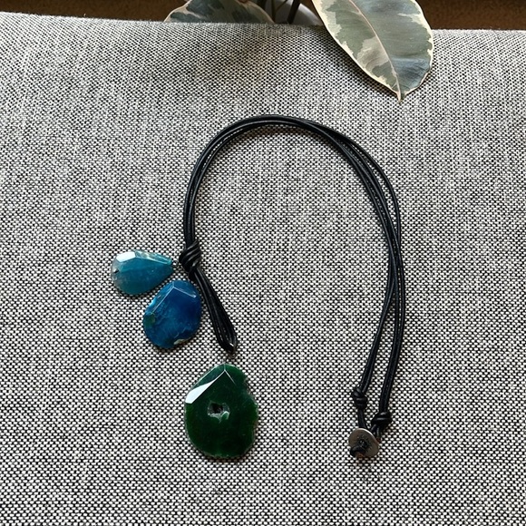 Handmade Blue and Green Stone Necklace with brown cord , Made in Athens, Greece - Picture 8 of 17